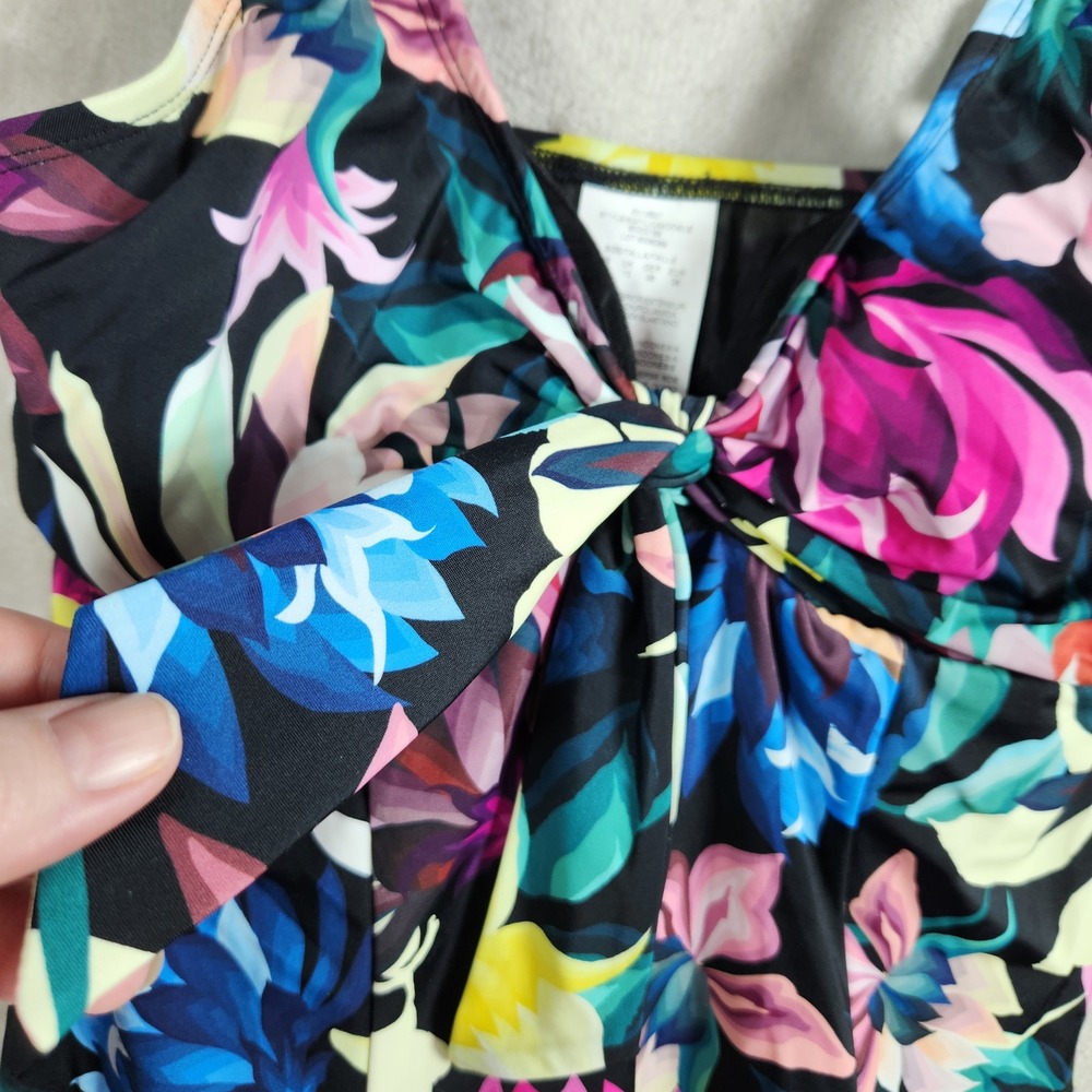 Swim Solutions Womens Bow Front Swim Dress Black Floral One Piece Swimsuit 8 NEW - Picture 3 of 7